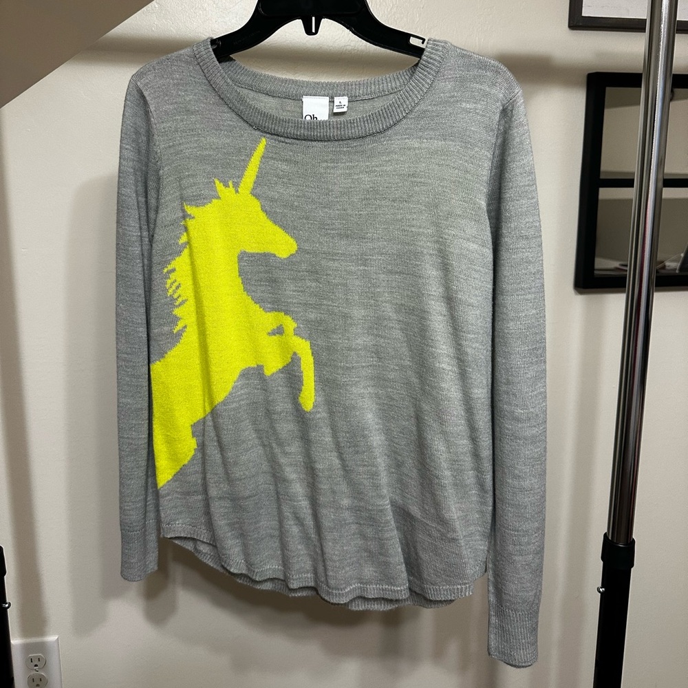 OhMG Brand Junior’s Grey Sweater with Neon Yellow Unicorn
